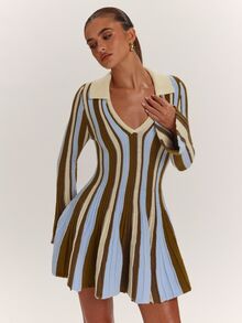 SHEIN BAE Women's Vintage Striped Colorblock Long Sleeve Sweater Dress - Black - View 1
