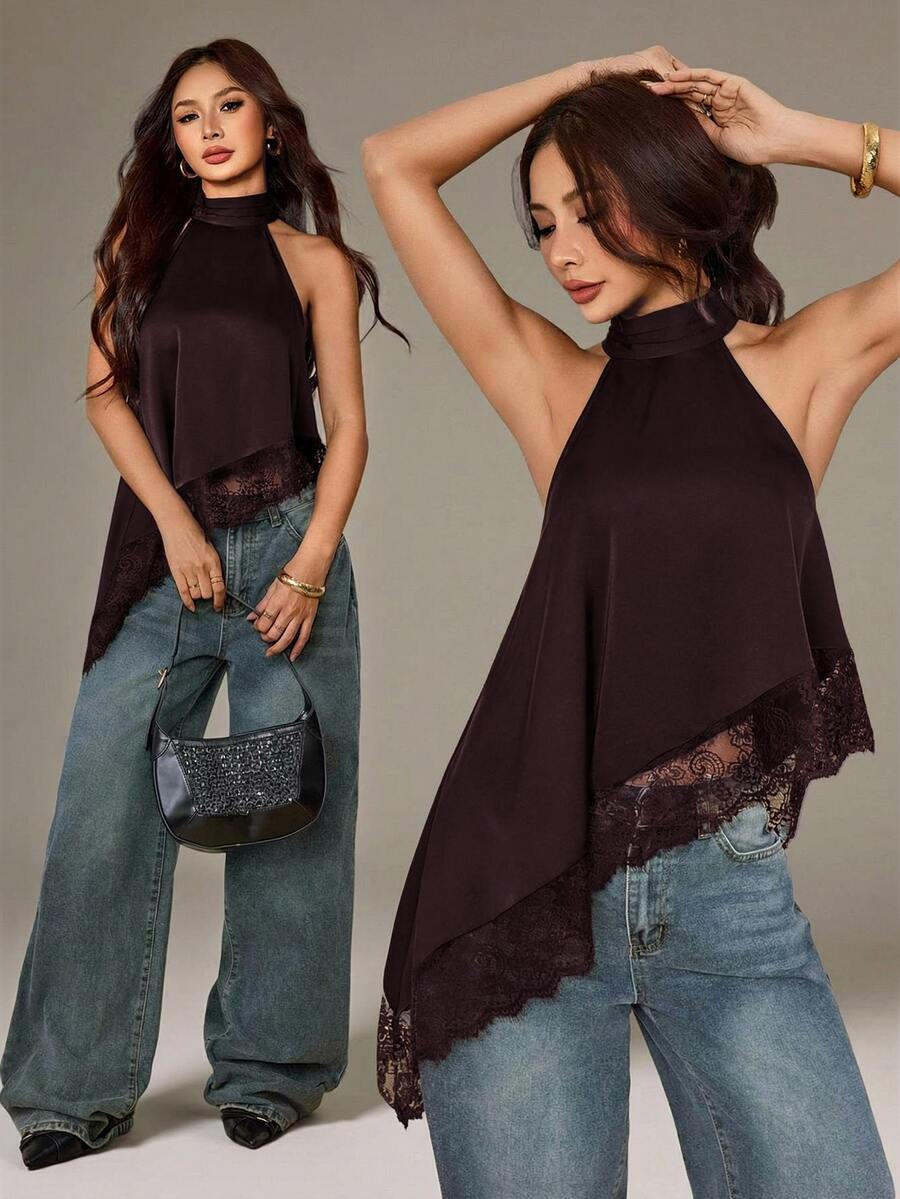 SHEIN PETITE Asymmetrical High Neck Halter Top With Lace Trim Evening Party Cocktail Formal Elegant Sleeveless - Maroon - View 1
