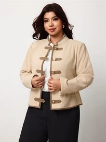Enliva Jaket Lengan Panjang Ukuran Besar Bergaya Vintage dengan Kantong Kancing Katak - Aprikot - View 8