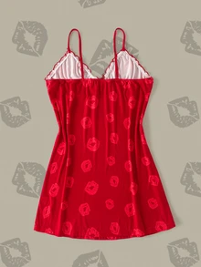 Betty Boop x SHEIN Plus Size Women's Lip Print Cami Nightgown - Red - View 2