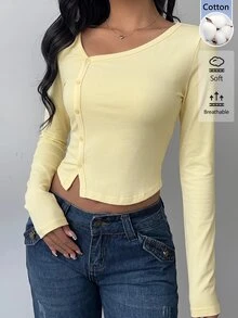 SHEIN BASICS 女款素色不對稱領長袖單排扣休閒T恤 - 淡黃色 - 查看 4