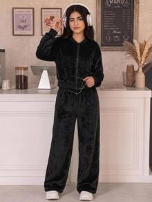 SHEIN 青少年女孩秋冬保暖內裡加厚兩件套 長袖拉鍊連帽外套 + 寬腿運動長褲 休閒套裝，適合日常穿著、居家、街頭，舒適 - 黑色 - 查看 2