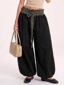 Avantive Women's Plaid Patchwork Drawstring Waist Pocket Loose Long Pants - Black - View 3