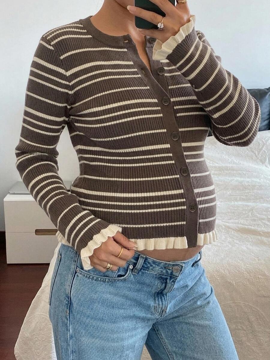 Dazy Maternity Contrast Color Striped Fitted Long Sleeve Ruched Ruffle Round Neck Casual Vacation Street Korean Style Autumn/Winter Knit Cardigan For Pregnant Women - Brown - View 1