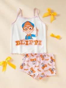 Blippi X SHEIN Young Girl Cartoon Print Camisole And Shorts Underwear Set - Pink - View 2