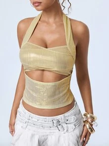 Y2Kool Women's Light Gold Ribbed Metallic Coated Shiny Tank Top, Sweet Cool Hot Girl Style Hollow Out Slim Fit Camisole, Suitable For Summer Outings, Vacation Travel, Date And Party Outfits - Gold - View 7