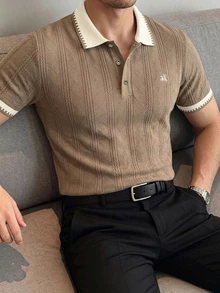 Manfinity Homme 男士休閒通勤短袖 Polo 衫，男士針織提花上衣，男士圖案短袖 Polo 衫，復古風格，老錢風，適合日常休閒、週末旅行，可作為男友/丈夫禮物，派對、夏季度假、海灘穿著、夏威夷婚禮及春夏穿著 - 卡其色 - 查看 6