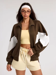 SHEIN Core Rhythm Damtröja med färgblock, lång ärm och dragkedja, sportig sweatshirt - Brun - Visa 3