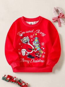 TOM & JERRY X SHEIN Young Boy Letter Cartoon Print Crew Neck Long Sleeve Casual Sweatshirt - Red - View 1