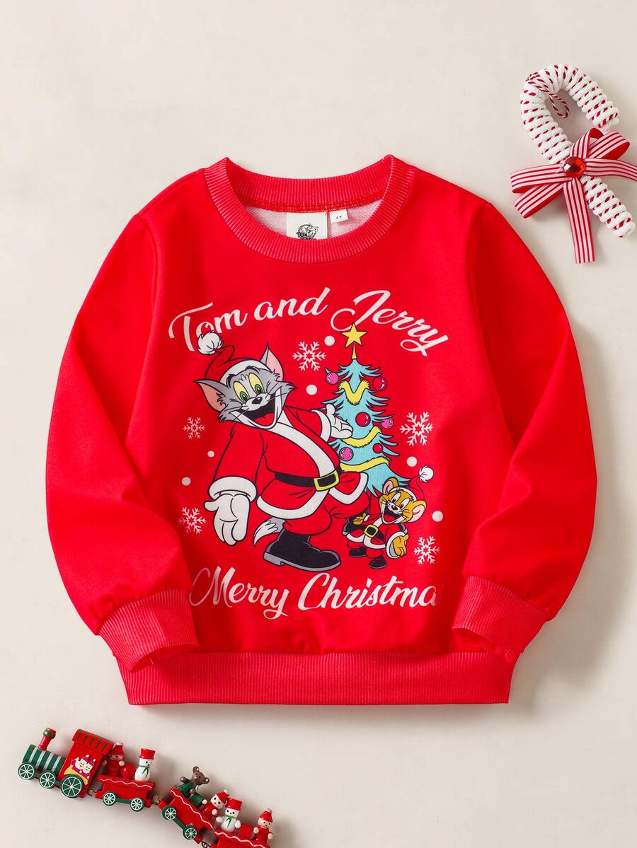 TOM & JERRY X SHEIN Young Boy Letter Cartoon Print Crew Neck Long Sleeve Casual Sweatshirt - Red - View 1