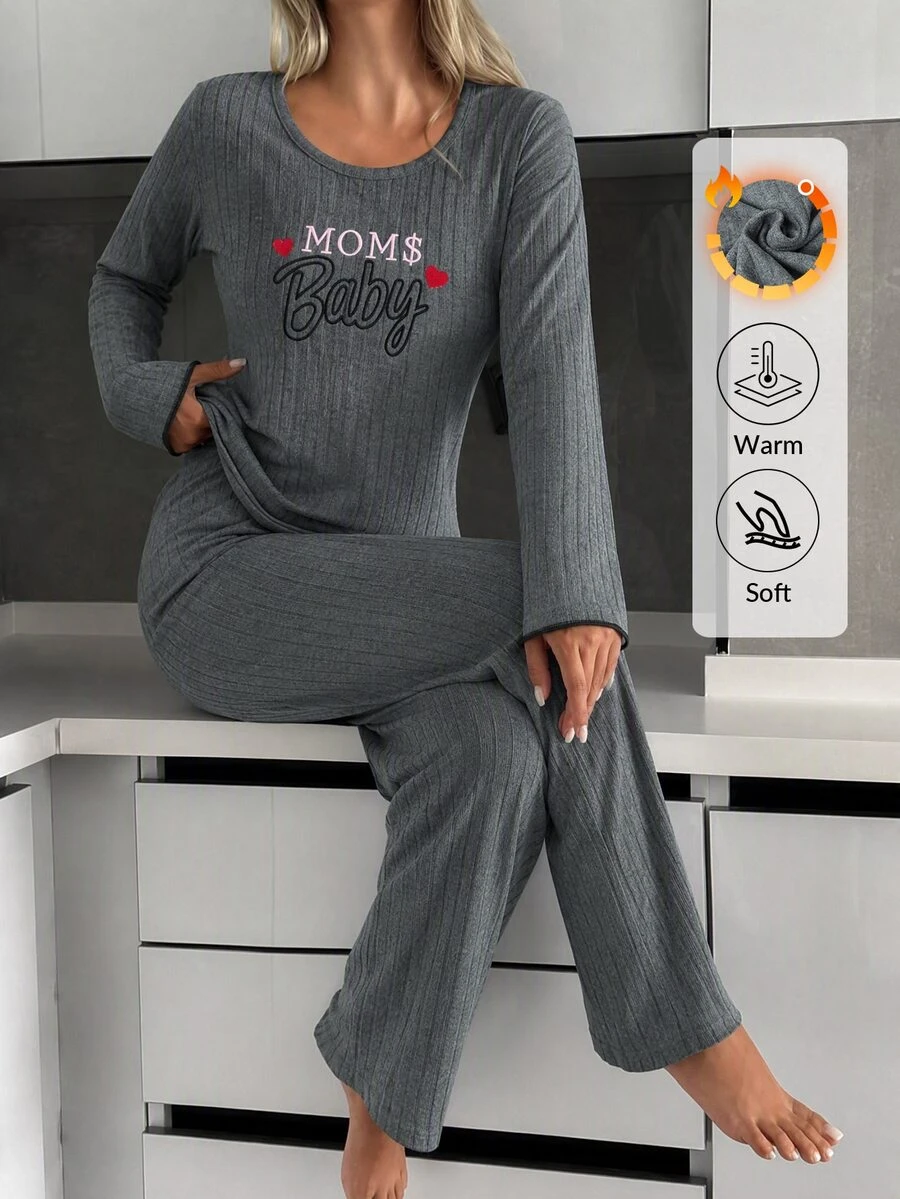 SHEIN 2pcs MOM'S Baby Slogan Embroidered Long Sleeve Pajama Set Soft Rib Knit Round Neck Top & Full Length Lounge Pants Pajama Set For Women Comfort - Grey - View 1