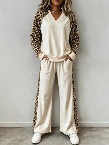 Holdful Holdful Women's Autumn Corduroy Leopard Splice Two‑Piece Outfit For Daily Shopping Going‑Out - Multicolor - View 1