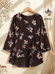 Rusticease Women's Round Neck Butterfly Pattern Casual Daily Wear Blouse - Brown - View 2