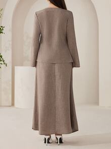 Veilorie Long Sleeve Twist Loose Skirt Plus Size 2 Pieces Set - Mocha Brown - View 7