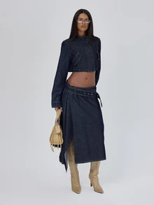 MUSERA High Funnel Neck Contrast Seam Detail Cropped Boxy Fit Denim Coord Jacket Fall Autumn Winter Coolgirl Back To School Blancs - Navy Blue - View 3