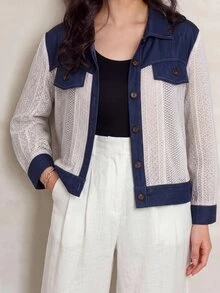Lacomfia Women's Casual Elegant Lace Patchwork Design Loose Long Sleeve Plus Size Jacket - Multicolor - View 3