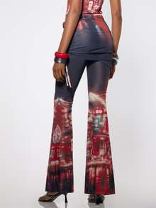 MUSERA Red Contrast Mesh Foldover Ruched Trouser Fall Winter Festival Cool Women Outfit - Multicolor - View 3