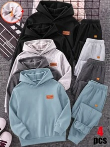 SHEIN 4件組買2送2兒童青少年男孩休閒學院風極簡實用百搭運動長褲套裝，男孩套裝，適合春季/夏季/情人節/秋季 - 彩色 - 查看 1