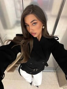 Siren Gaze Solid Color Double-Breasted Cropped Trench Coat Jacket For Women, Autumn/Winter New Style - Black - View 7