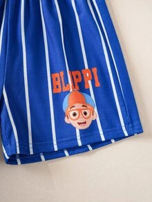 Blippi X SHEIN Young Boy Striped Short Sleeve T-Shirt And Shorts Casual Set - Blue - View 7