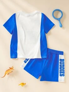 Blippi X SHEIN Young Boy Letter Cartoon Print Short Sleeve T-Shirt And Shorts Set - Blue - View 2