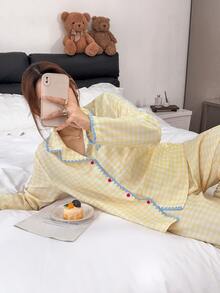Napfluff Women's Woven Plaid Print Contrast Trim Long Sleeve Long Pants Pajama Set - Yellow - View 4