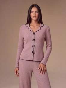 SHEIN Women's Ribbed Brushed Lapel Bow Decor Long Sleeve Top And Pants Pajama Set, Comfortable Loungewear Set For Autumn/Winter, Autumn Clothing - Purple - View 6