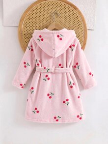 SHEIN 女嬰針織純色櫻桃圖案印花連帽人造毛休閒居家服，適合秋冬穿著 - 彩色 - 查看 2