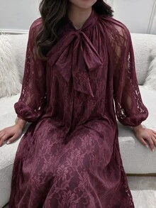 Yasveil Women's Wine Red Knitted Lace Long Sleeve Cinched Waist A-Line Elegant Romantic Arabian Dress - Burgundy - View 11