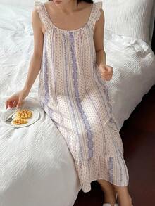 DAZY Vestido Longo de Dormir Feminino com Alças Finas e Babado Floral Delicado - Roxo - Visão 9