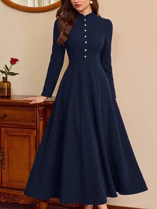 Vintamour Vintage Elegant Women's Dress With Pockets, Button Cheongsam Collar, New Chinese Style Casual Commute Vacation Holiday Dress - Navy Blue - View 2
