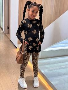 Tween Girls Loose Long Tween Girl Sleeve Side Slit Fitted Leggings 2 Pieces Set With Cartoon Pattern Schoo - White - View 3