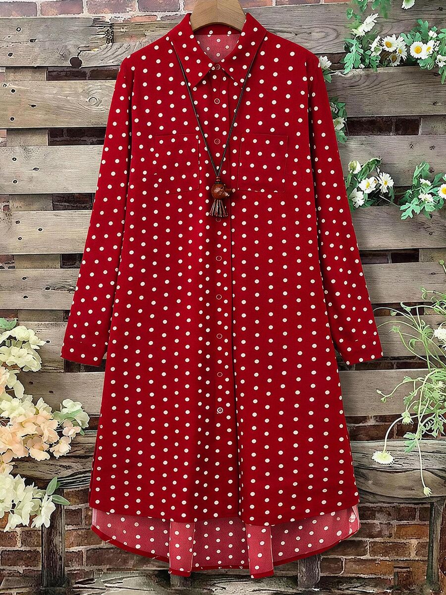 Linhara Women's Casual Striped Pocket Shirt Dress Plus Size - Red - View 1