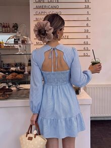 Vivid Eden Women Striped Puff Sleeve Open Back Tie Smocked Waist Ruffle Hem Mini Dress Casual,Fall Outfit,Open Back,Backless,Sundress,Brunch & Date - Blue - View 7