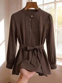 SHEIN Clasi Women's Solid Color Pleated Casual Versatile Daily Long Sleeve Shirt - Coffee Brown - View 4