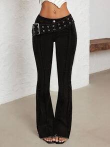 Jeanoix Plus Size Women's Fashion Y2K Belted Washed Stretch Flare Pants - Black - View 1