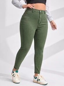SHEIN ICON 大尺碼女款休閒日常牛仔褲，附口袋與鈕扣設計 - 軍綠色 - 查看 5