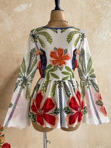 Soleia 大尺碼女款復古碎花喇叭袖度假襯衫 - 彩色 - 查看 2
