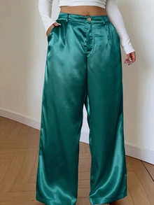 Sunnyshic Glossy Solid Color Draped Straight Leg Pants With Slanted Pockets - Blue - View 4