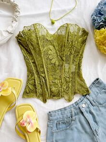 Soleia Plus Size Green Lace Bustier Top For Vacation - Green - View 4