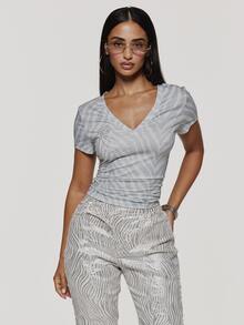 MUSERA Grey Slinky Zebra Print Diamante V Neck Tshirt Summer Autumn Cute Everyday Y2K Ultra M - Multicolor - View 2