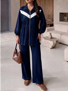 Lacomfia Plus Size Streetwear Striped Colorblock Zip-Up Jacket And Pants Set - Navy Blue - View 3
