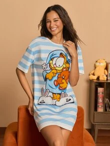GARFIELD | SHEIN Women's Striped Round Neck Short Sleeve Casual Nightgown - Blue and White - View 7