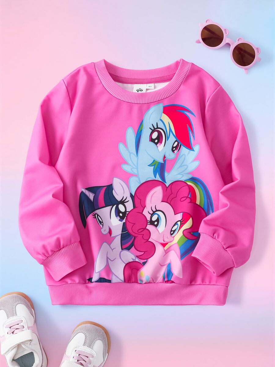 My Little Pony X SHEIN بلوزة رياضية بياقة طاقم وأكمام طويلة للفتيات الصغيرات G4 - وردي - مشاهدة 1