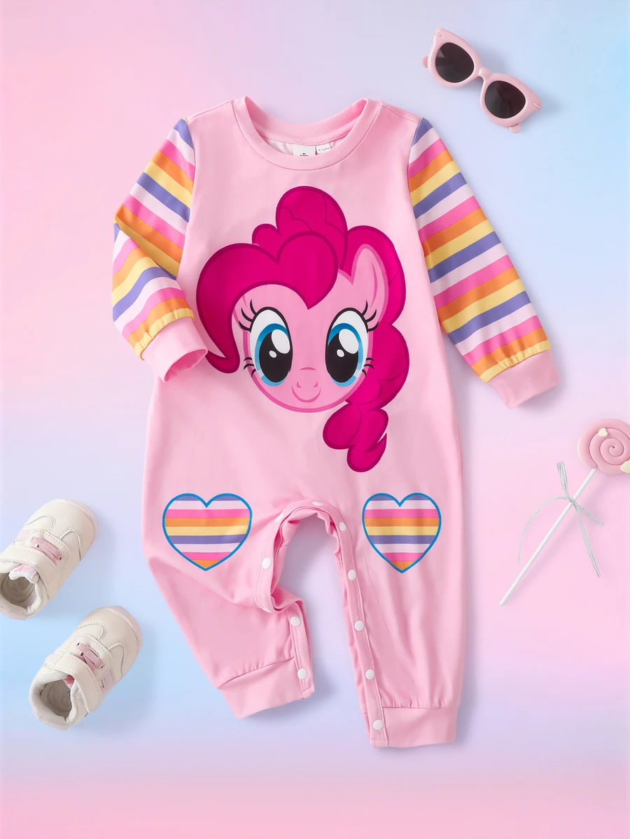 My Little Pony X SHEIN Baby Girl Patchwork Striped Long Sleeve Casual Jumpsuit G4 - Pink - View 1