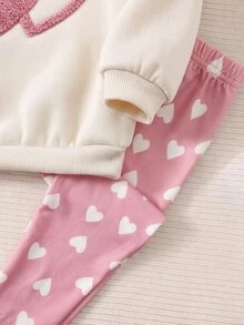 SHEIN Baby Girl Embroidered Round Neck Long Sleeve Sweatshirt And Heart Print Pants Set - Pink - View 6