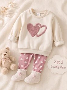 SHEIN Baby Girl Embroidered Round Neck Long Sleeve Sweatshirt And Heart Print Pants Set - Pink - View 4
