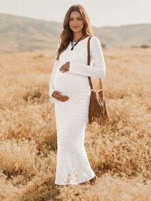 Boho Mama 孕婦純色紋理圓領長袖修身優雅洋裝 - 白色 - 查看 3