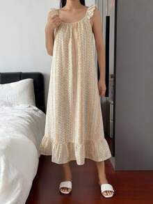 DAZY 甜美碎花荷葉領無袖細肩帶女款睡裙 - 黃色 - 查看 6