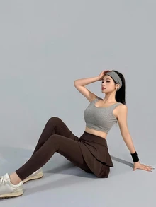 DAZY Legging Olahraga Wanita Kasual Serbaguna Empat Musim, Pinggang Tinggi, Dua Lapisan, Hem Berumbai, Patchwork, Potongan Ramping, Elastis, Warna Kopi - Coklat - View 3